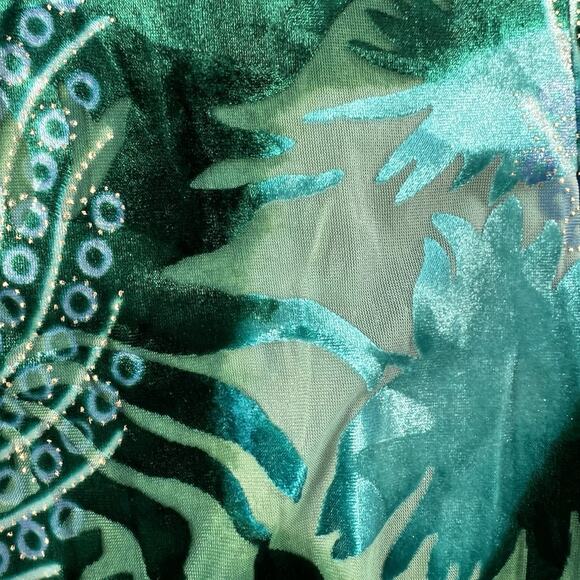 Vintage 2000s Women's S Velvet Burnout Top Teal Gold V-Neck Sleeveless Blouse - Picture 5 of 9